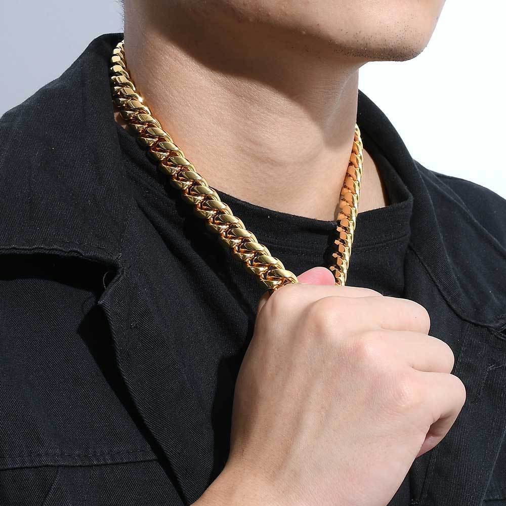 196g Weight Zircon Inlay Material Hip-hop Solid Color Stainless Steel Plating Inlay Zircon 18k Gold Plated Men's Necklace