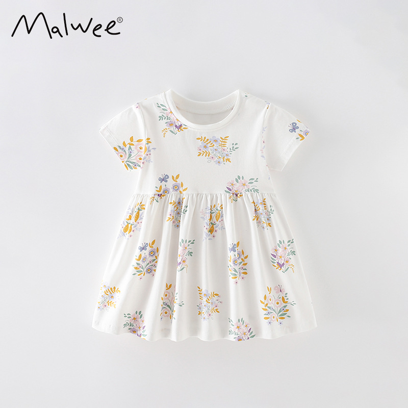 Malwee niñas vestido verano nuevo europeo y americano niños casual impreso manga corta cuello redondo vestido de princesa para niños