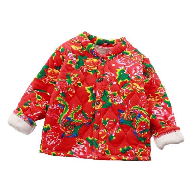 Ropa para niños, chaqueta de algodón grueso con estampado floral de estilo noreste, estilo étnico de invierno, abrigo con forro polar de tres capas para niños y niñas, bendición de Año Nuevo