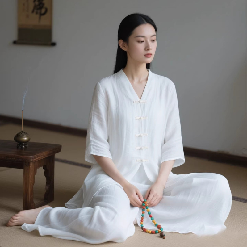 Women's Summer Thin Zen Clothing Set, Chinese Style Meditation Healing Outfit, Plain Laywoman Clothing