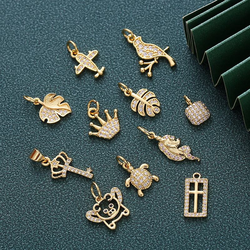 18K Real Gold Plated DIY Handmade Earrings Micro-Paved Zircon Accessories Turtle Crown Slippers Small Animal Pendant Pendant