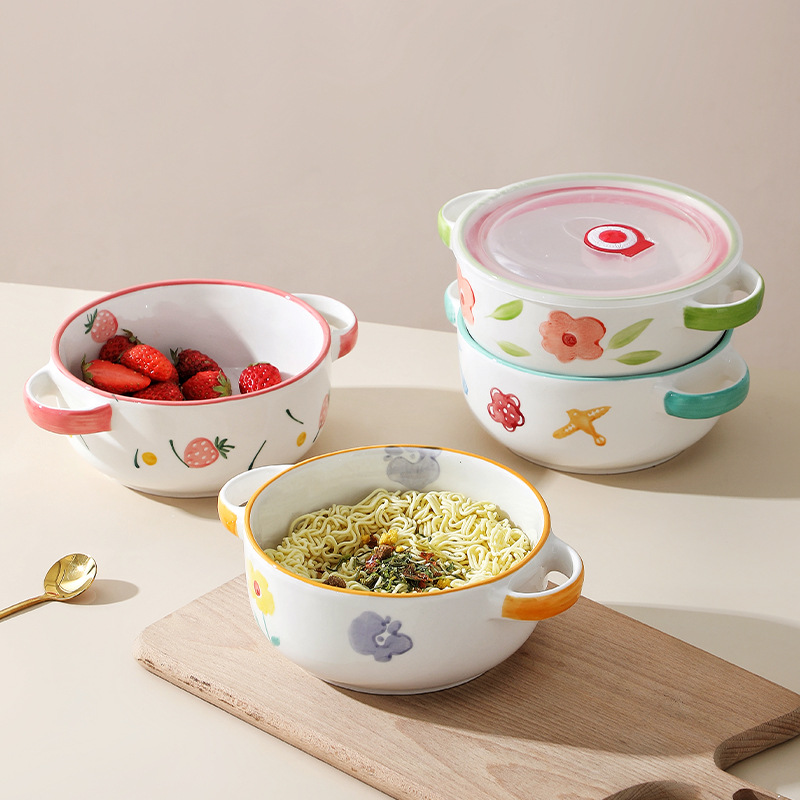 Estilo pintado a mano lindo cerámica binaural fruta ensalada tazón ins estilo postre tazón hogar desayuno tazón de cerámica con tapa