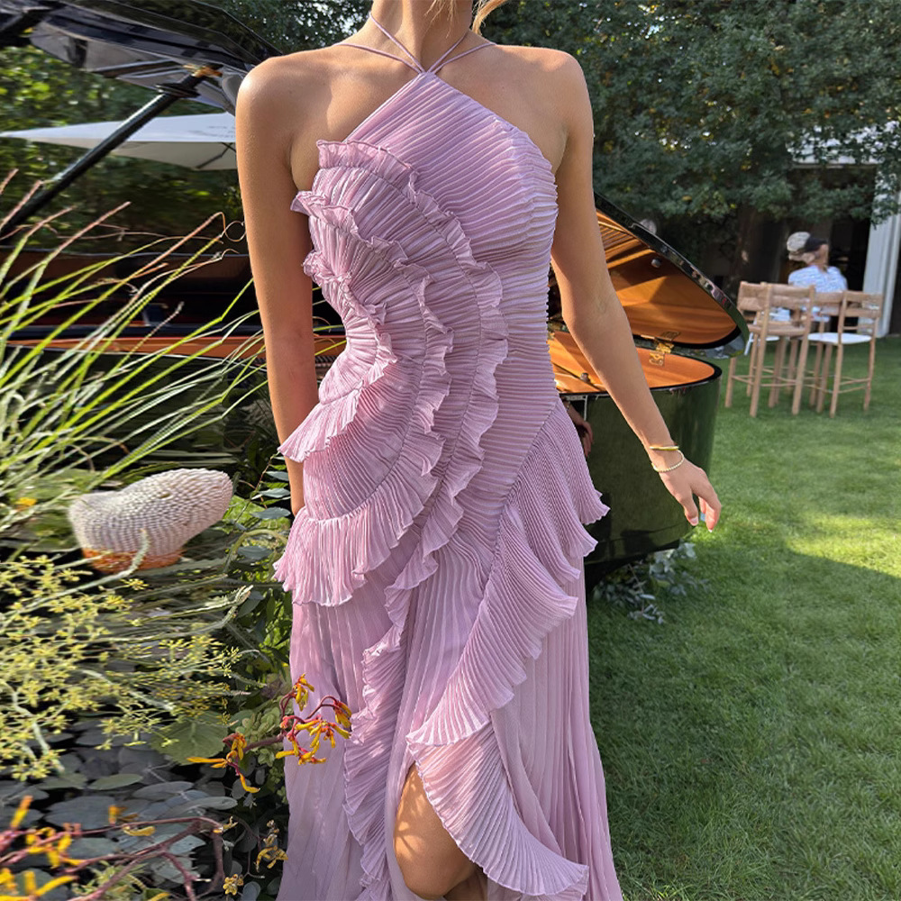 Elegant Ruffled Halter Neck Dress for Women Summer European American Style Long Skirt Casual Sleeveless Ankle-Length_ecoleips.com