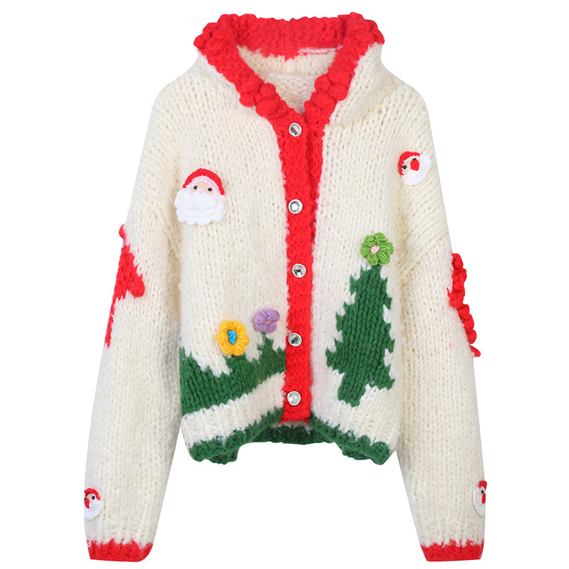 2024 autumn and winter new Santa Claus hook sweet loose lazy wind hooded knitted cardigan sweater women's coat