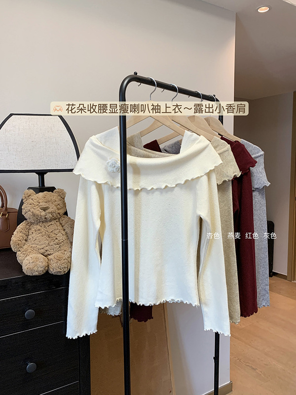设计感红色花朵一字肩针织衫长袖2025早秋新款女装修身毛衣打底衫|undefined