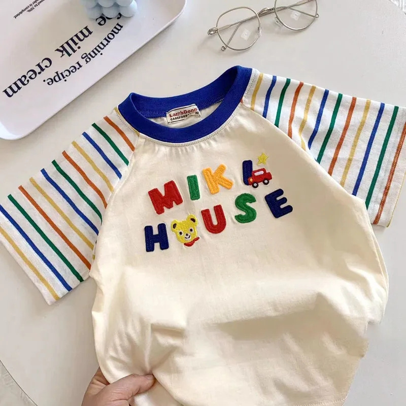 2023 nueva ropa para niños de verano niños y niñas costura a rayas de color pantalones cortos de manga corta traje de bebé para niños traje de dos piezas
