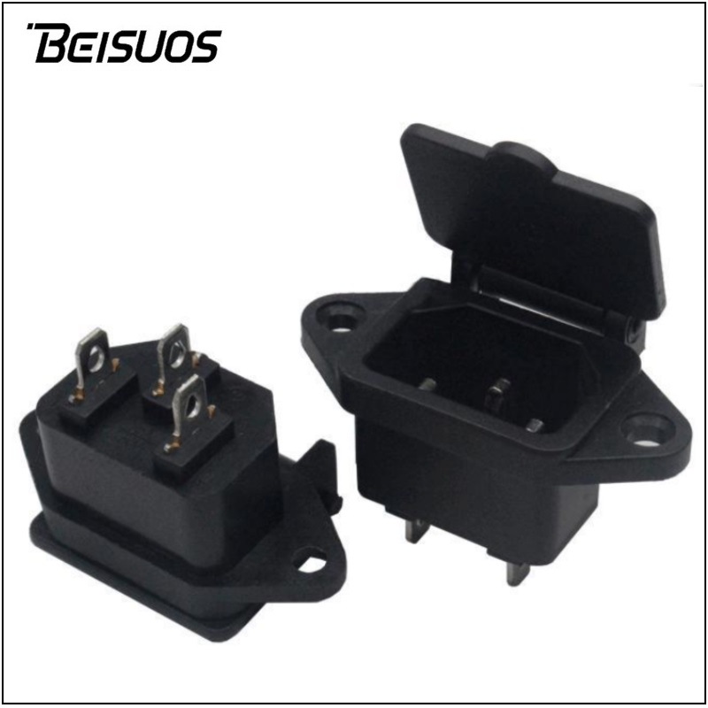 锁式带弹簧盖电动车电池充电插座C14电源插座带防尘盖三竖品字座