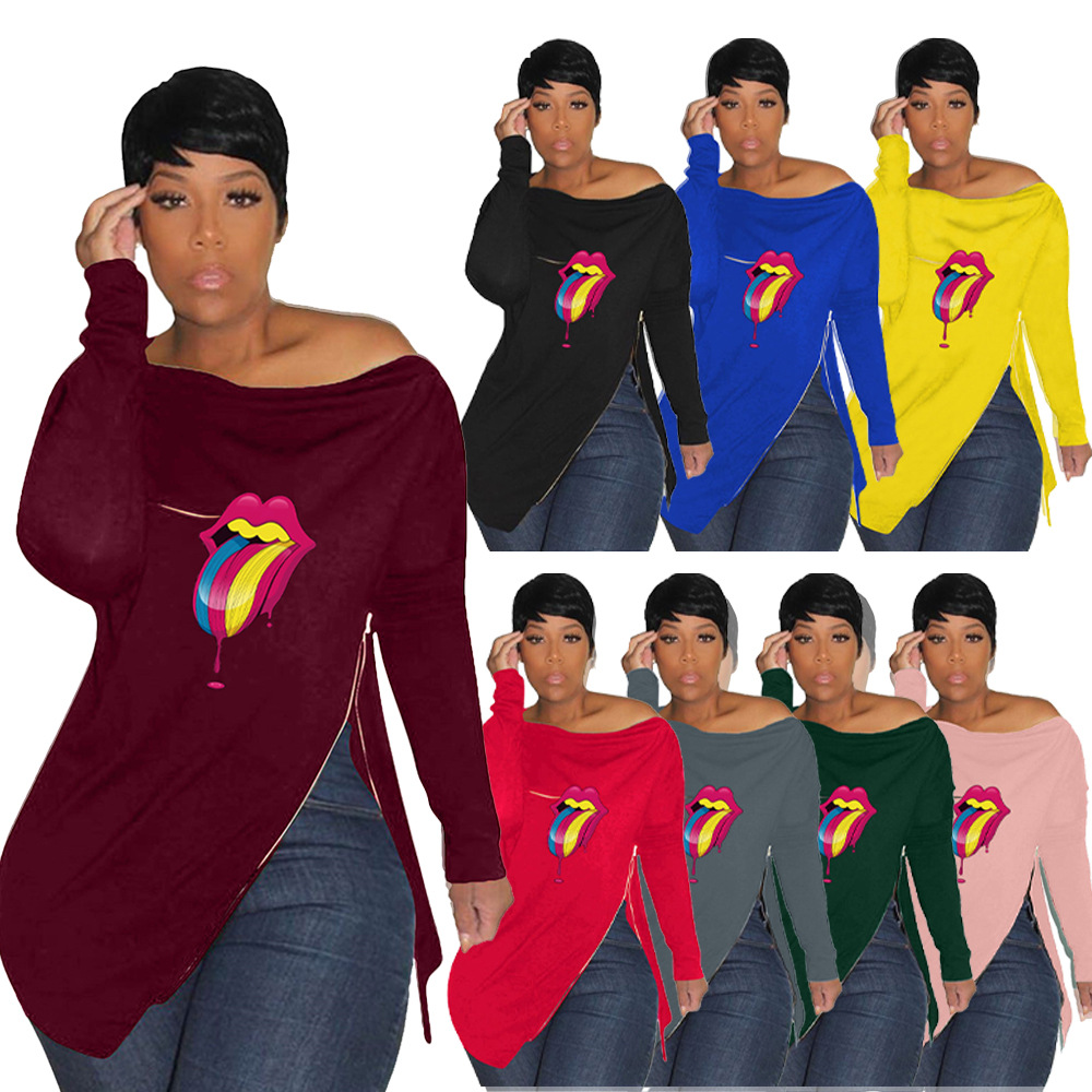 H1730熱賣亞馬遜2021秋冬女裝斜肩不規則拉鏈長袖衛衣女裝T恤上衣