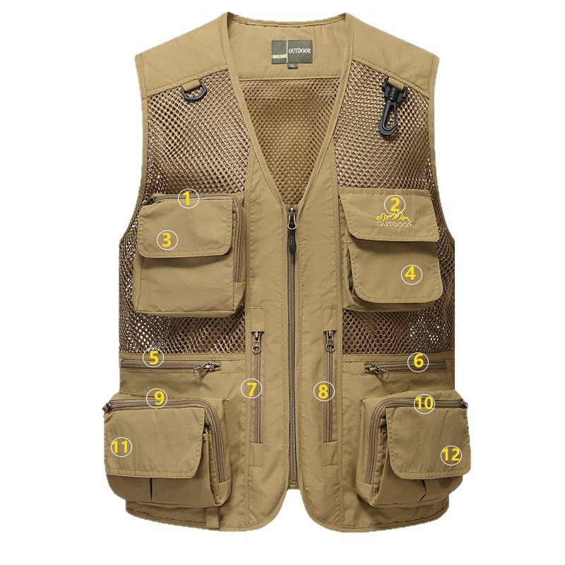 Chaleco de malla de verano, herramientas finas transpirables, bolsillos múltiples, fotografía de pesca al aire libre para hombres, chaleco publicitario, chaleco, papá