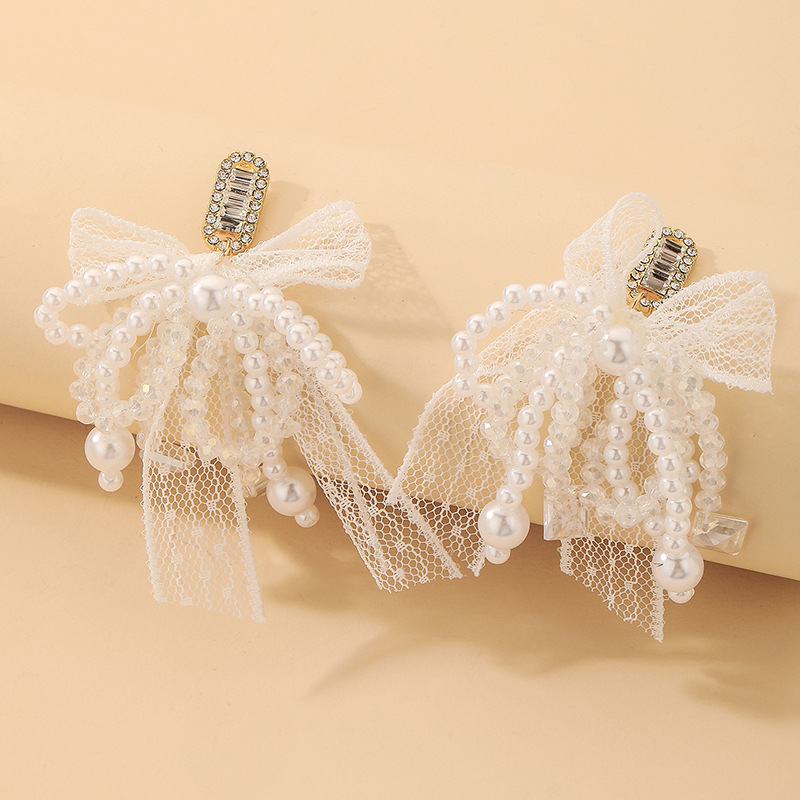 925 Silver Needle Vintage Pearl Rhinestone-encrusted Zircon Lace Bow Stud Earrings European And American Ins French Style Temperament Earrings For Women display picture 6