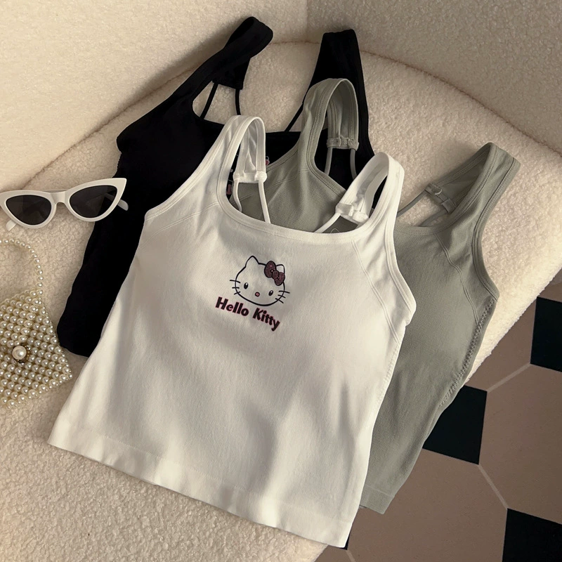 Топ-майка Hello Kitty, беспроводной с чашками, лифтинг, облегающий — универсальный размер (70–130 цзц)