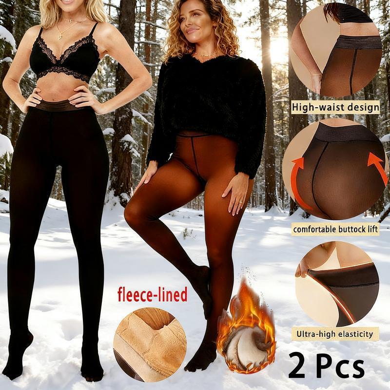 Plus Size Fleece Black Translucent Leggings Winter Thickeneded Warm Translucent Tight Tk Wool Lined One-Piece Pantyhose