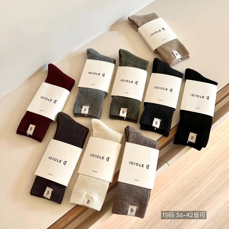 Cross-Border Foreign Trade He-Style Wool Socks Ic Solid Color Mid-Length Wool Women's Socks Xiaohexiao Double-Needle One-Piece Dropshipping