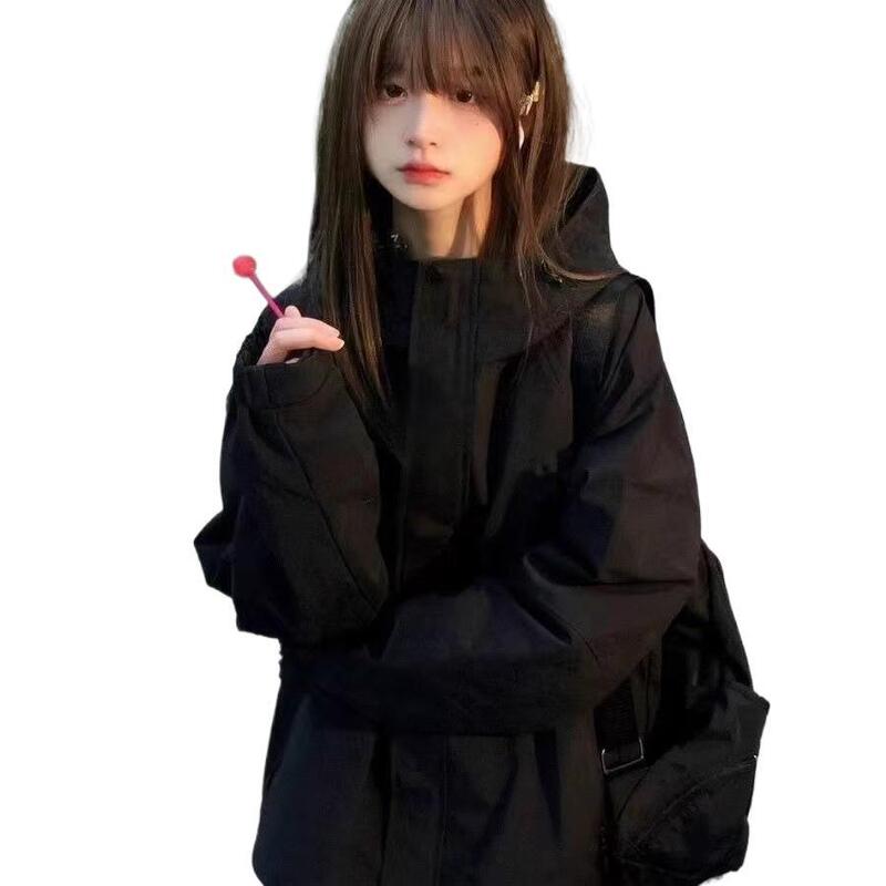 美式黑色冲锋衣外套女秋新款慵懒风户外骑行宽松休闲工装夹克女|undefined