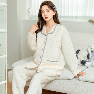 in stock Autumn and Winter Pregnant Women Pajamas Antibacterial Air Cotton Sandwich Pregnant Women Pajamas Female Breast-feeding Moon Clothing suit