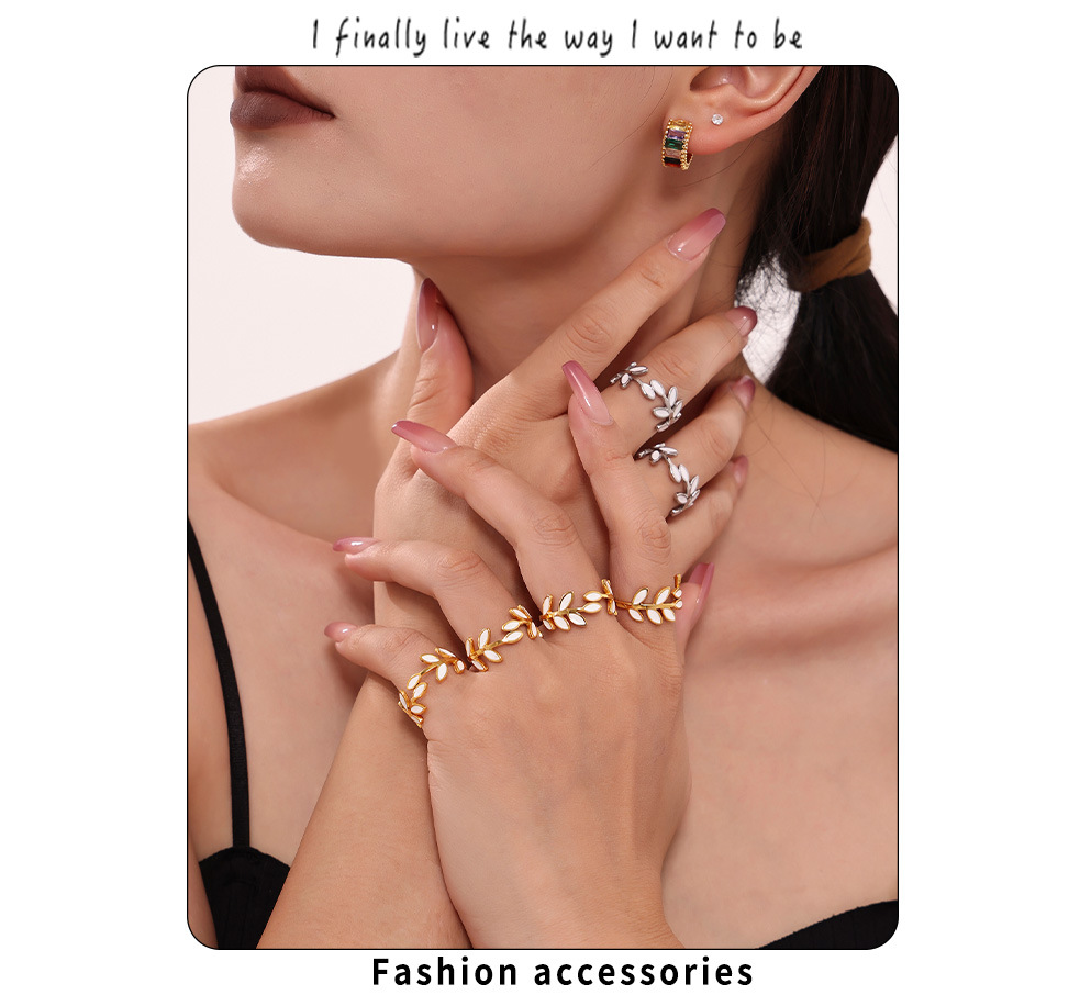 Bague carrée personnalisée en acier inoxydable PVD, motif goutte d'huile et feuille, finition sous vide, anneau ouvert._voghion.com