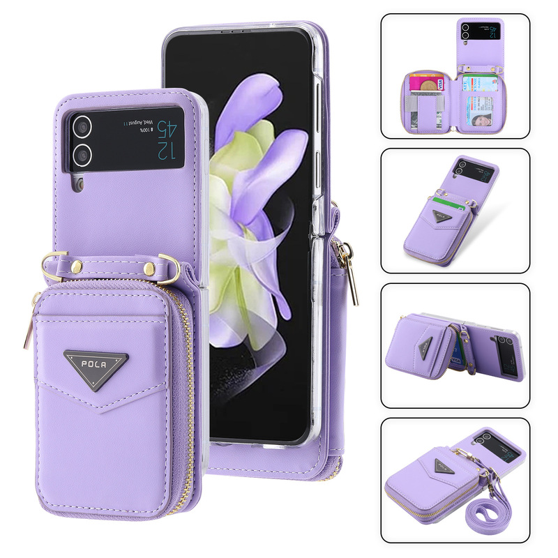 Suitable for Samsung Flip7 35% off Stackable Mobile Phone Leather Case Flip3 Fashionable Zipper Bag Z Flip4 Crossbody Lanyard