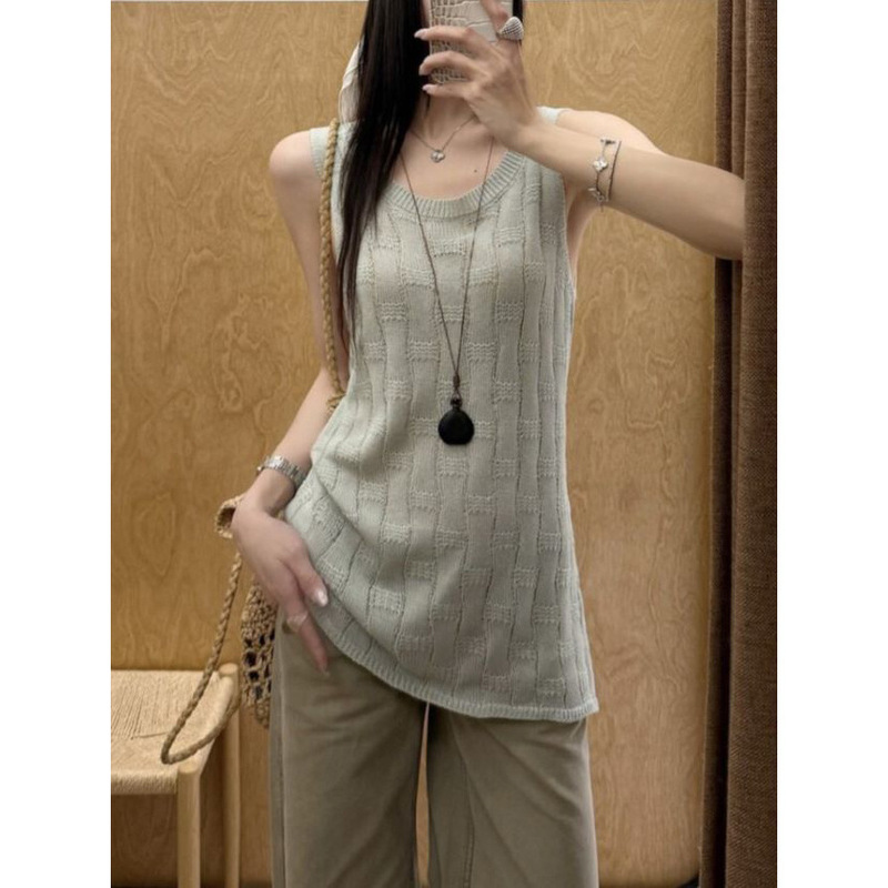 Korean-Style Striped Hollow-Out U-Neck Camisole Knit Top, Summer Fashionable Versatile Long Sweet and Spicy Top for Women