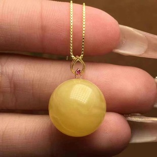 Natural Beeswax Russian Material Round Bead Pendant Chicken Fat Yellow Waxy Rich 18K Gold Inlaid Necklace Women's Jewelry Accessories