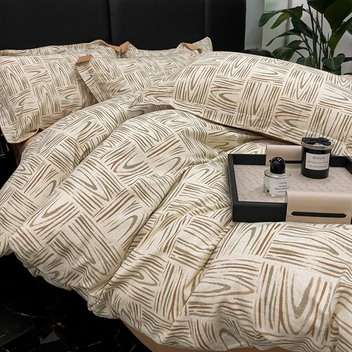 Pure cotton brushed printed four-piece set simple autumn and winter thickened 100 cotton quilt cover sheets retro high-end bedding
