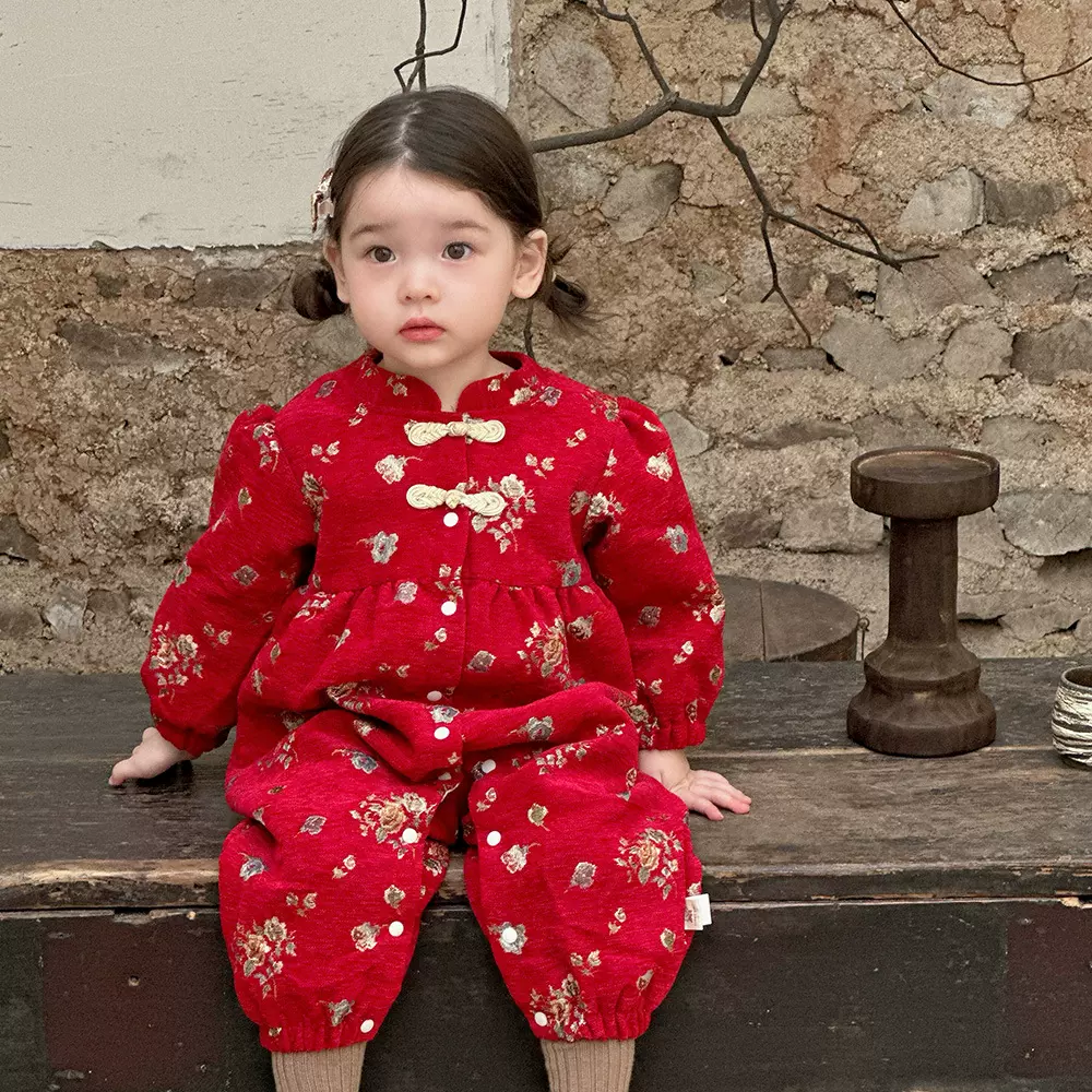 女宝宝拜年服连体衣冬装婴儿衣服冬季洋气婴幼儿新年喜庆外出爬服