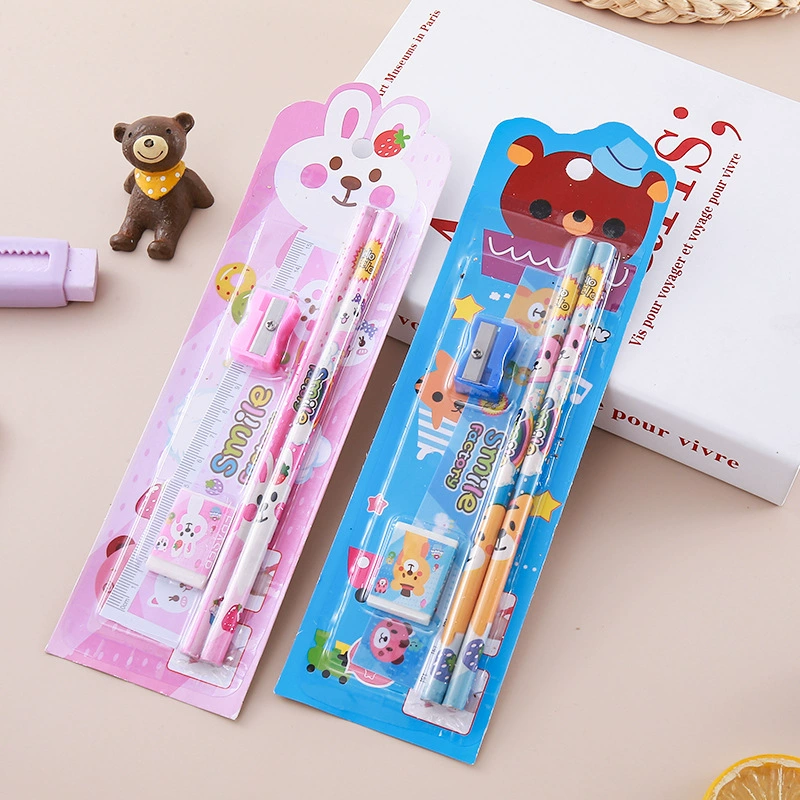 Children's Stationery Set, 5-Piece Early Learning Kit, Cartoon Pencils, Ruler & Sharpener