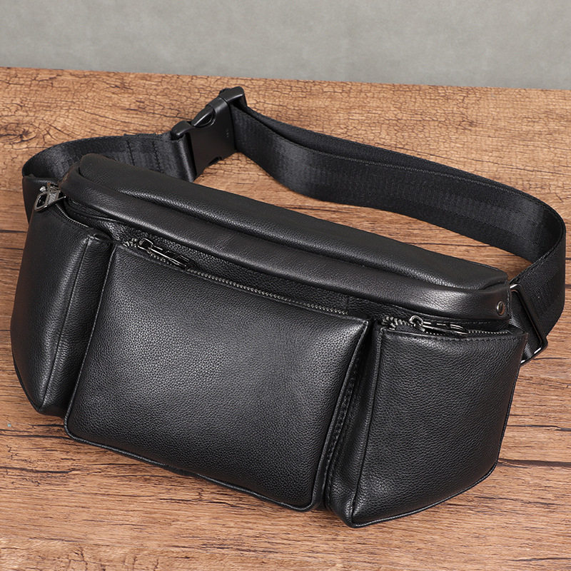 Túi đeo chéo nam da bò lớp đầu tiên, túi đeo ngực dung tích lớn chống trộm 17×7×13 cm — Màu đen