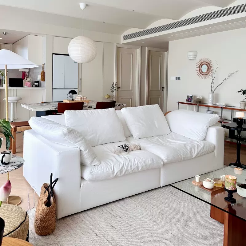 法式Cloud云沙发奶油侘寂风设计师羽绒白色麻布模块组合云感沙发
