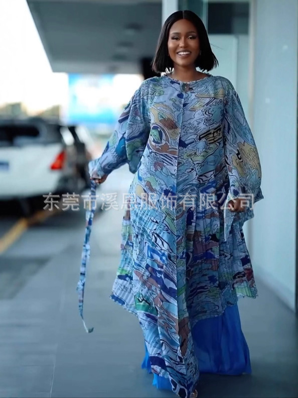 Miayki三宅褶皱花边领不规则印花上衣+阔腿裤两件套大码女装跨境|undefined