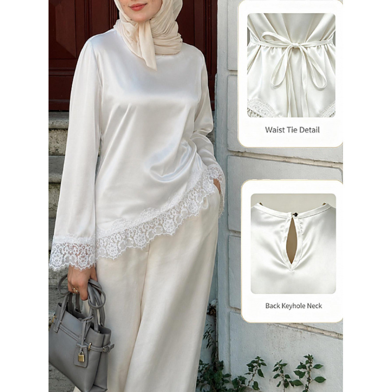 Cross-border women's satin lace top with irregular hem, bell-shaped long sleeves, ethnic style, solid color base shirt for women