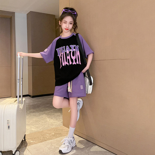 Girls short-sleeved T-shirt suit summer 2024 new children's large and medium-sized children's fashionable loose summer clothes two-piece set