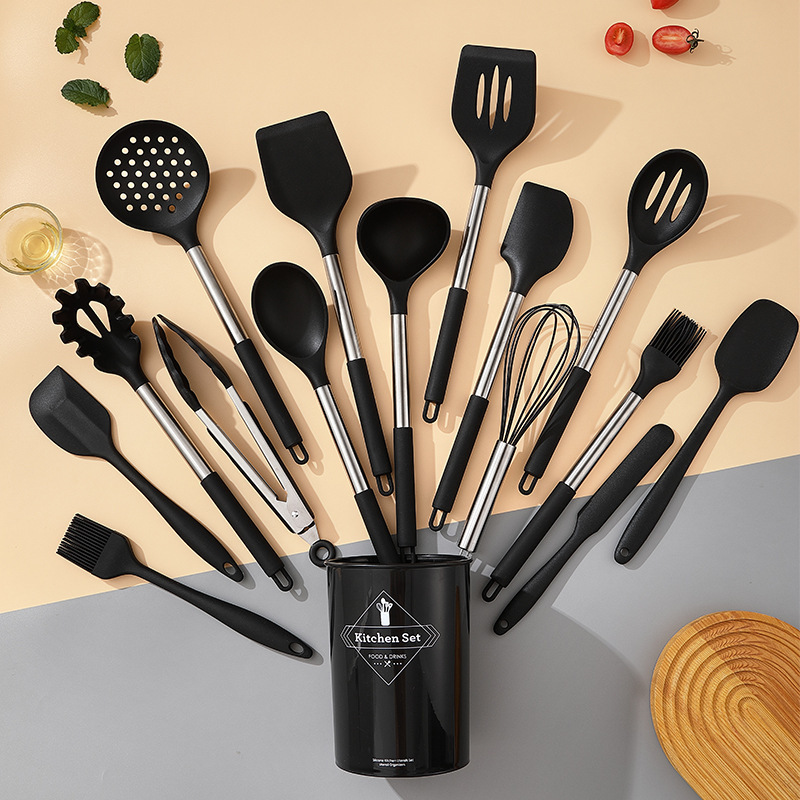 Juego de utensilios de cocina de silicona de cocina transfronteriza, mango de acero inoxidable, utensilios de cocina de silicona, cuchara de cocina, pala, suministro directo de fábrica de grado alimenticio