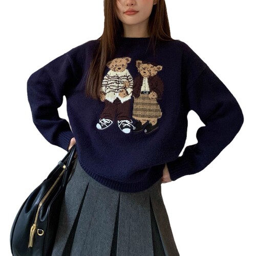 Retro Cartoon Bear Embroidered Crew Neck Knit Sweater for Women - Autumn New Arrival Loose Fit Sweater for Small Figures