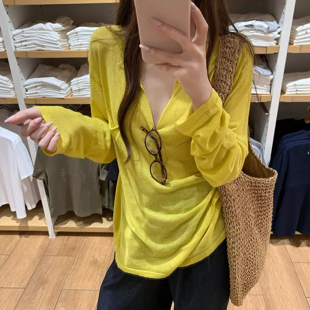 跨境夏季冰丝亚麻长袖百搭长袖空调衫感级感轻薄防晒针织衫上衣