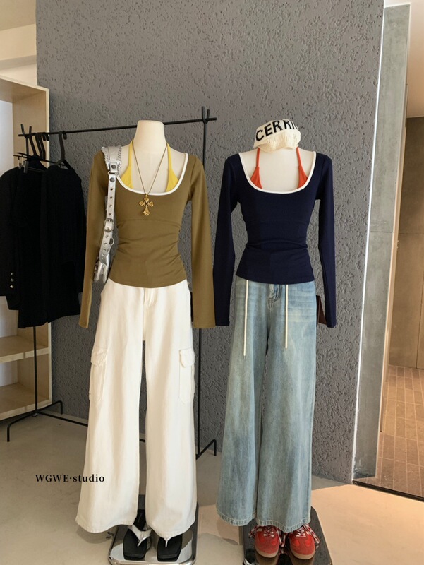 WGWE 6974广州十三行女装2025秋装新款假两件挂脖长袖T恤显瘦上衣|undefined
