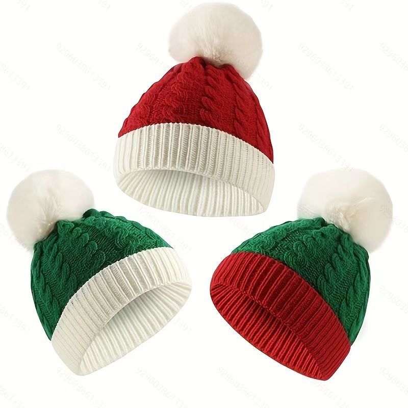 Stickad mössa med pom-pom för dam klassisk julstil_voghion.com