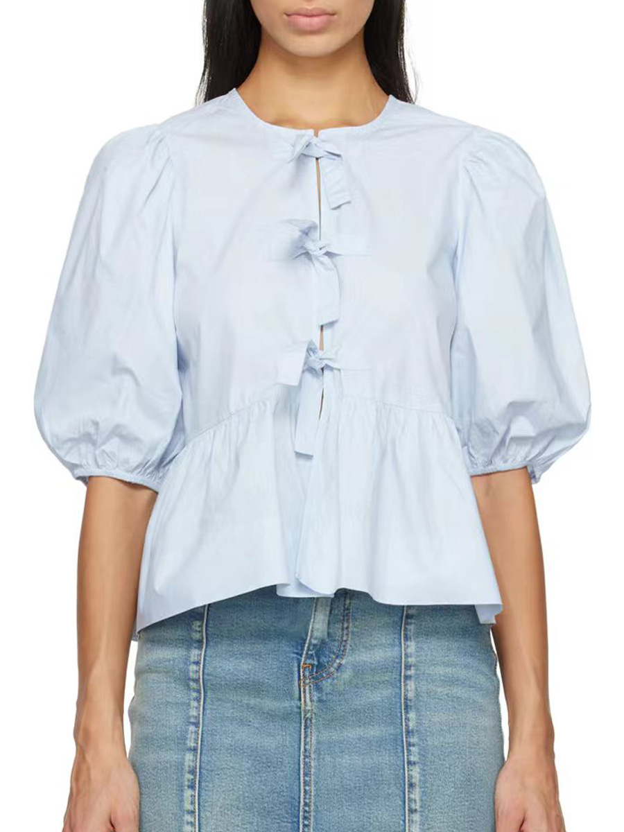 Amazon 2024 New Summer Shirt Short Sleeve Puff Sleeve Women's Cotton Lace-up Cardigan Loose Casual Top