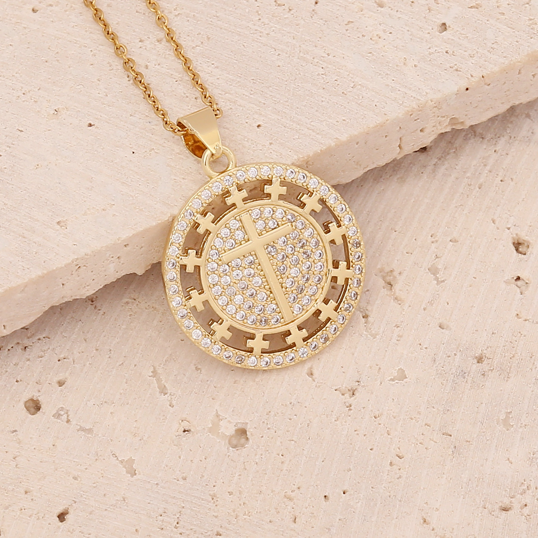 new copper micro-set zircon 18K gold cross pendant necklace