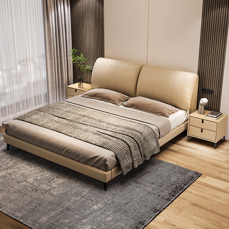 Cama de cuero genuino con cabecero de elefante de estilo minimalista italiano, cama doble moderna y sencilla de estilo crema, cama de matrimonio de lujo ligero, nuevo modelo para dormitorio principal.