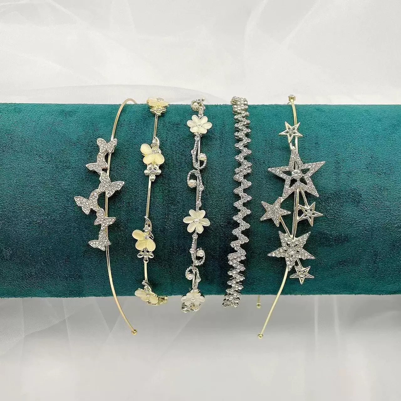 韩国新款复古高级感花朵蝴蝶水钻发箍女 欧美风甜酷头箍百搭发饰