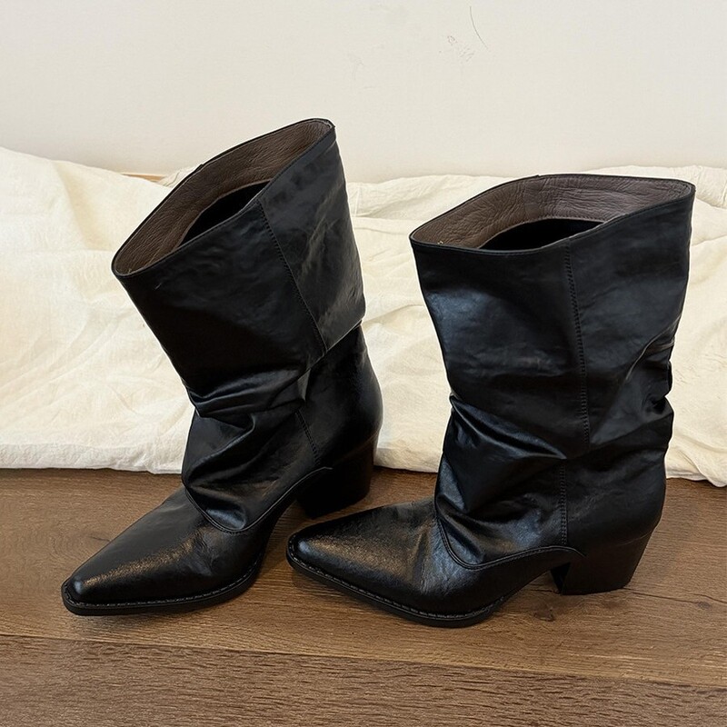 Sheepskin version~Vintage simple pointed toe stacked boots, slimming straight short boots, chunky heel western boots, women's wide-leg riding boots Sheepskin version~Vintage simple pointed toe stacked boots, slimming straight short boots, chunky heel western boots, women's wide-leg riding boots