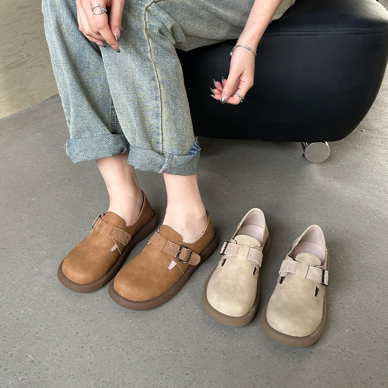 Slip-on Loafers Retro Beanie Shoes Women's Spring Soft Sole Maternity Thick Sole Nubuck Leather Lazy Shoes