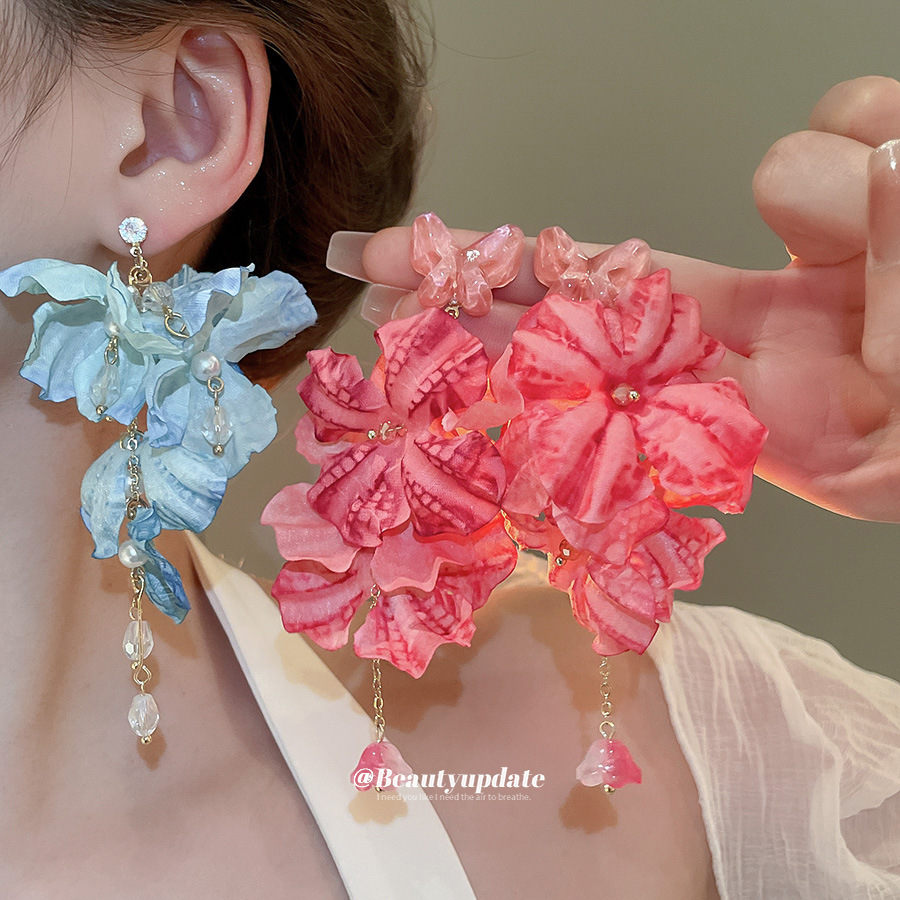 Aguja de plata, tela de circón, flores, borlas, pendientes de perlas, pendientes de estilo de vacaciones junto al mar, pendientes de todo fósforo, sentido de clase alta de nicho