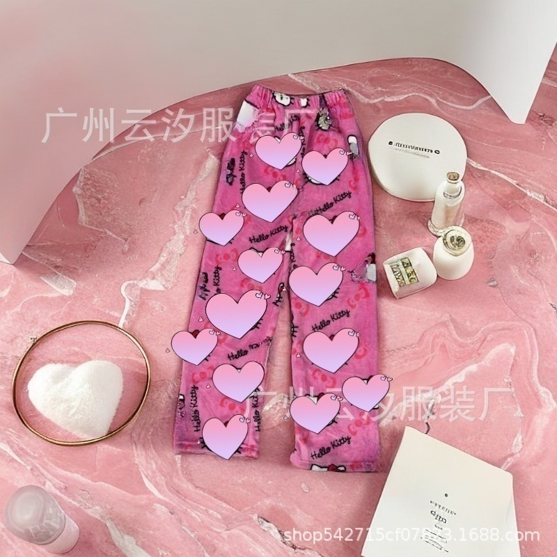 Comercio exterior Año Nuevo Navidad dibujos animados KT gato pijama pantalones gruesos de las mujeres Otoño e Invierno Polar forrado cálido casual casa pantalones de franela