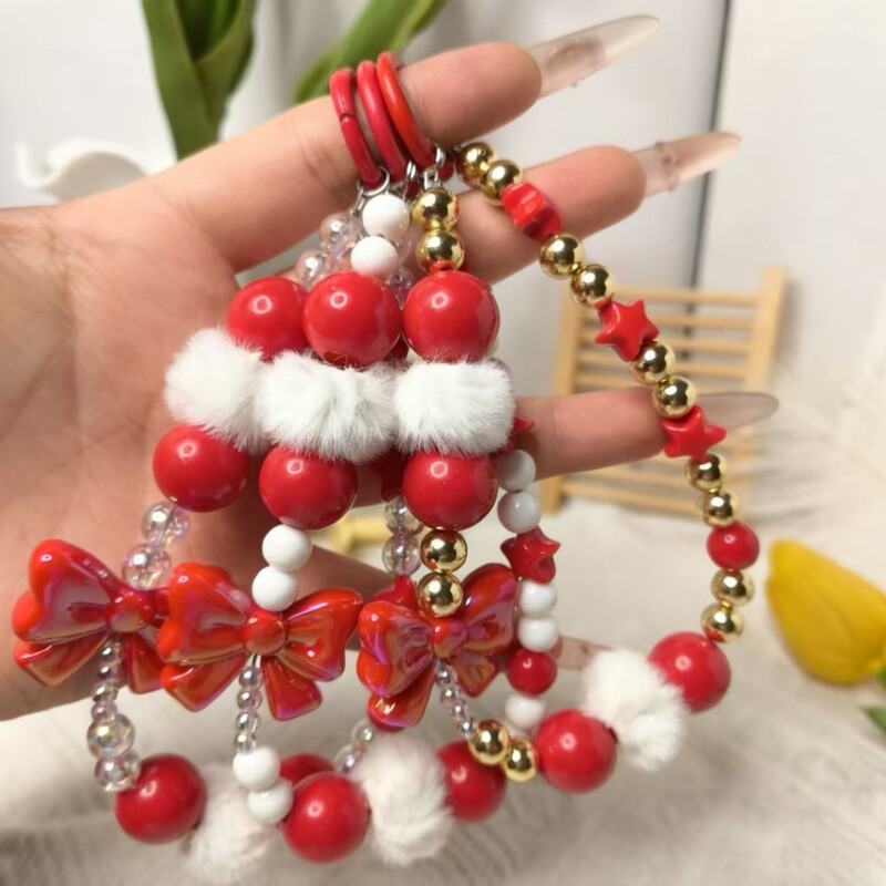 Winter Christmas Red and White Color Mobile Phone Chain Fur Ball Beaded Bag Key Chain Pendant Headphone Bag Accessories Small Gifts Winter Christmas Red and White Color Mobile Phone Chain Fur Ball Beaded Bag Key Chain Pendant Headphone Bag Accessories Small Gifts