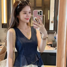 胖mm特大码300斤女假两件撞色荷叶边无袖背心法式显瘦减龄上衣V领