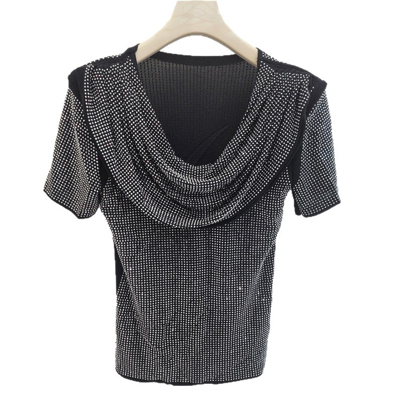 Ingeniería pesada caliente taladro camiseta de mangas cortas mujeres 2026 primavera y verano nuevo diseño un cuello plegado camiseta corta image 5
