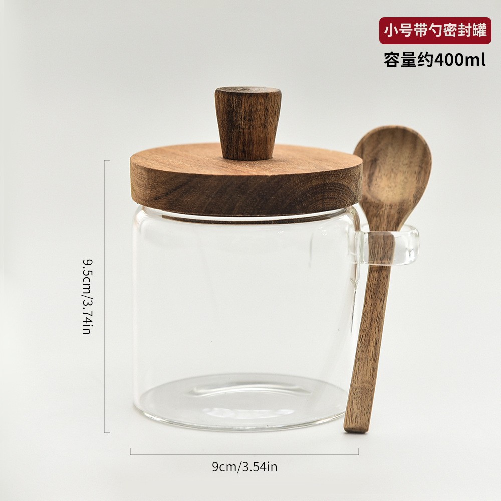 Tanque de vidrio sellado japonés, tanque de almacenamiento de granos de café doméstico con botella de condimento de cuchara de madera, tanque de almacenamiento de alimentos de cocina mayorista