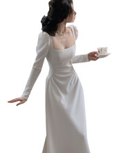 白色方领连衣裙女春夏法式长袖收腰生日伴娘订婚领证登记小礼服裙