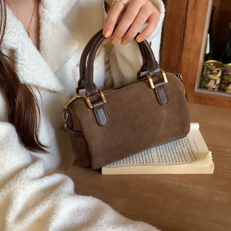 Women's 2025 New Retro Suede Versatile Shoulder Crossbody Small Bag Cylinder Pillow Bag Boston Handbag - Thumbnail 2